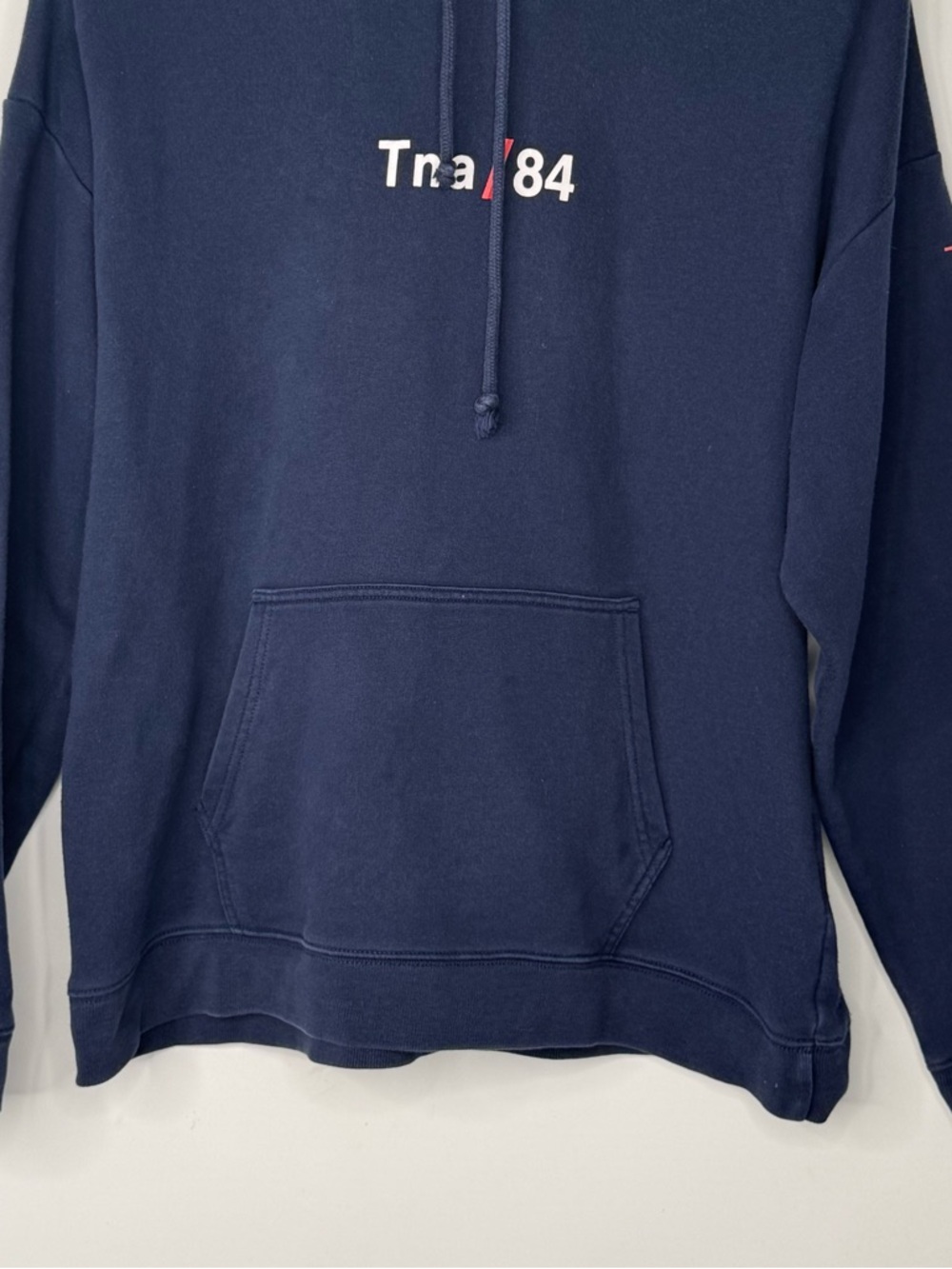 Aritzia TNA Navy Blue Crewneck Hoodie with White 'Tra/84' Logo Size S - Picture 2 of 9